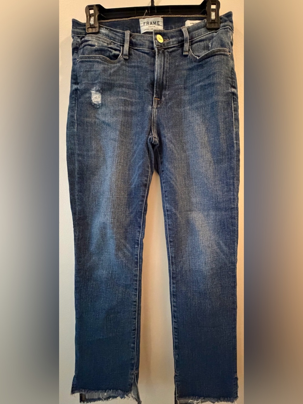 Frame Denim Dark Blue Ankle Raw Hem Straight Jeans